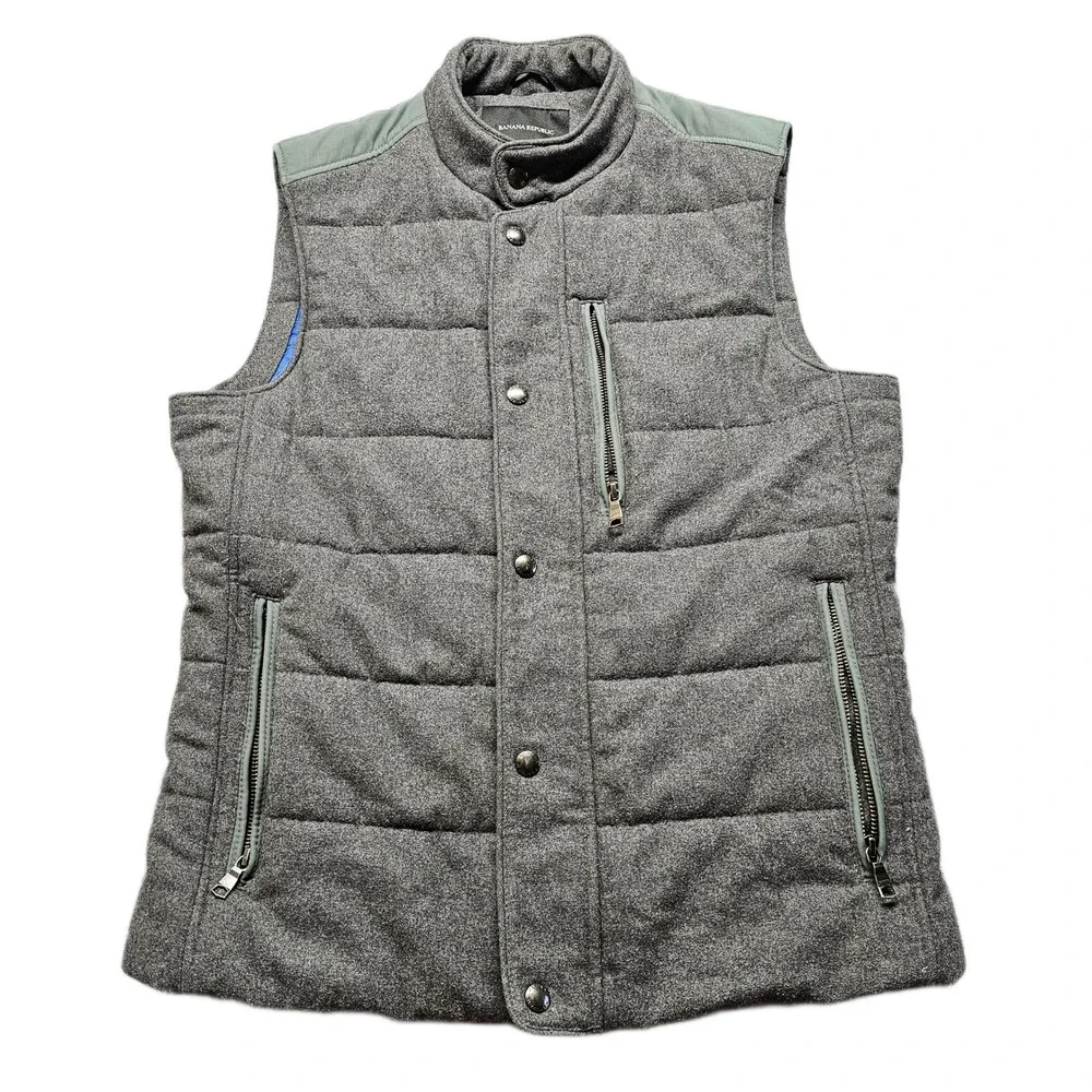 Banana Republic Puffer Vest Mens Small Gray Wool‎ Blend Lined Snap Inside Zip